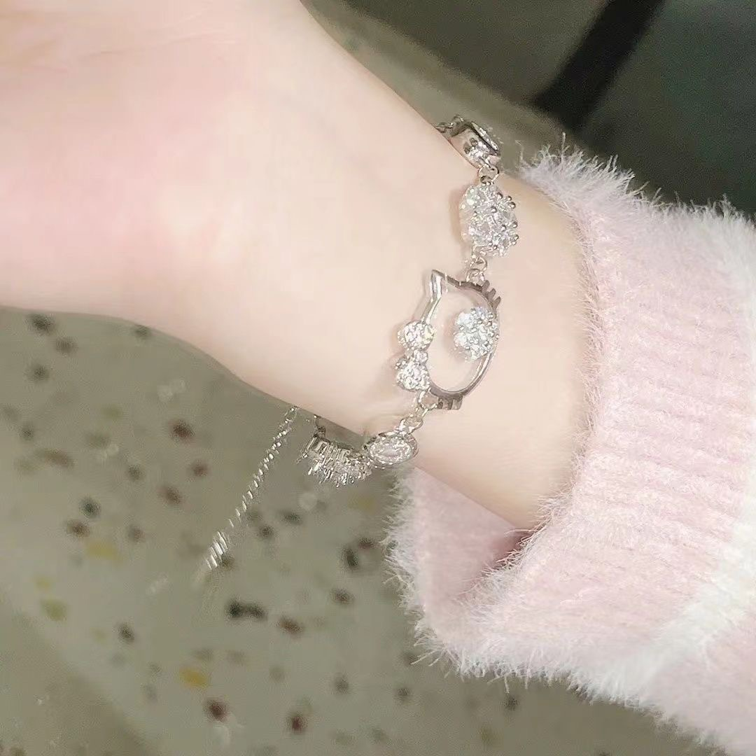 925 Silver Kitty Cat Crystal Bracelet for Women