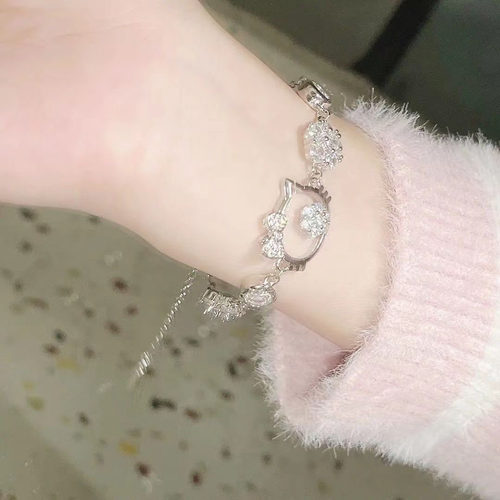 925 Silver Kitty Cat Crystal Bracelet for Women