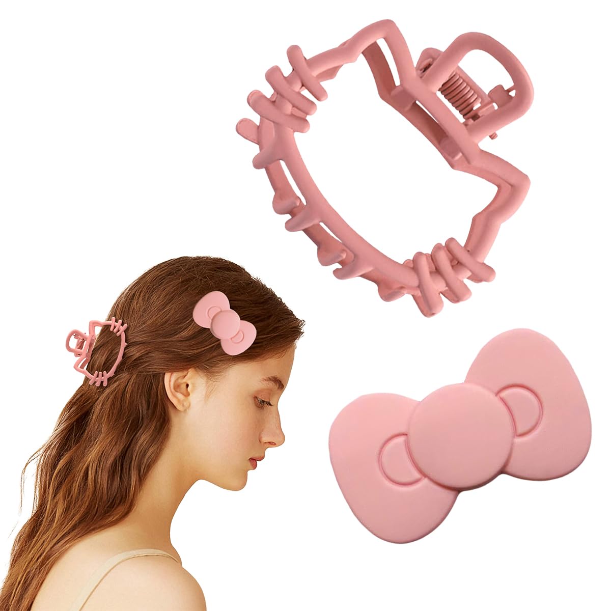2PCS Kitty Hair Clips and Pink Bow Hair Clips Kitty Metal Claw Clips and Bow Alligator Clips Kawaii Cute Kitty Hair Accessories for Girls Gift