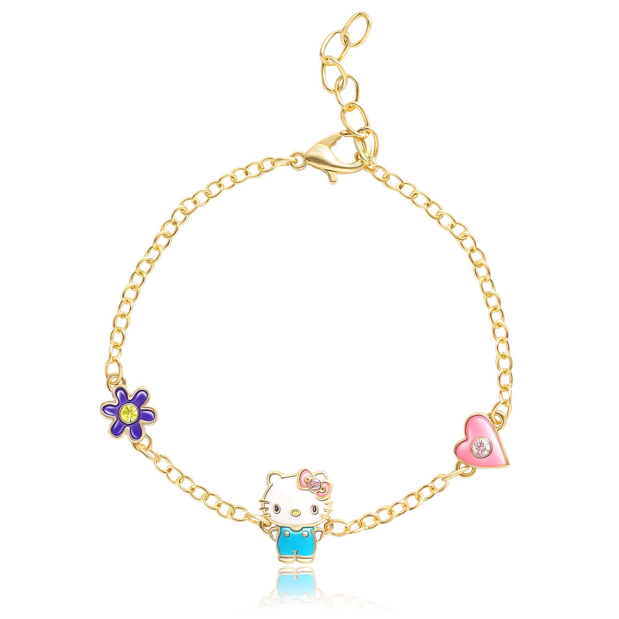 Hello Kitty Bracelet for Women with Heart + Flower Pendants 6.5"+1" 18k Gold Flash-Plated Sanrio Bracelet Official License